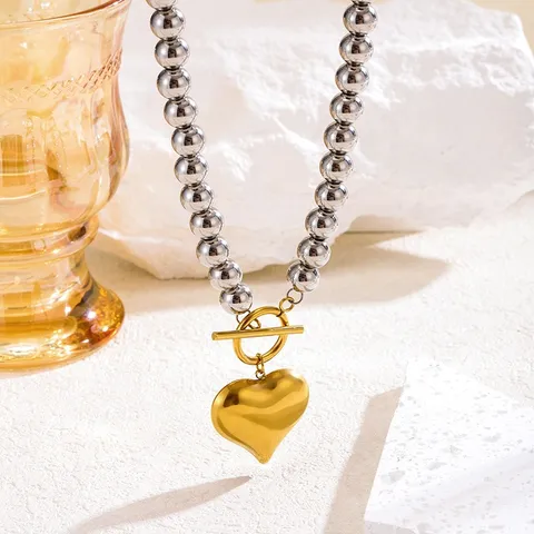 Collana di Perline Bicolore in Aciaio Inossidabile Minimalista da Donna con Ciondolo a Cuore Dorato Gioiello