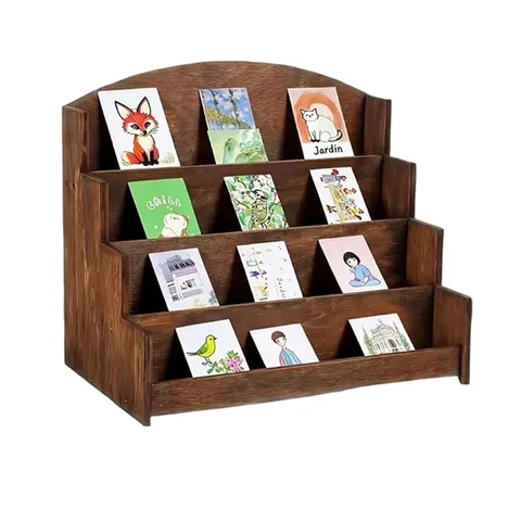 Étagère de Présentation de Cartes de Vœux en Bois Support de Rangement de Carte Postale à Paliers de Bureau Organisateur en Bois Massif
