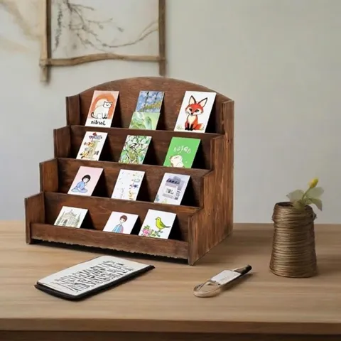Étagère de Présentation de Cartes de Vœux en Bois Support de Rangement de Carte Postale à Paliers de Bureau Organisateur en Bois Massif