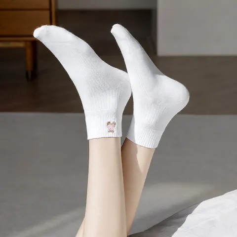 Calze Corte in Puro Cotone da Donna Simpatico Ricamo Orsetto Primavera Estate Casual Traspirante Morbido Confortevole