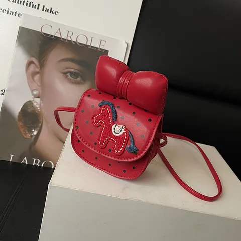 Kids Cute Polka Dot Bowknot Little Horse Embroidery Crossbody Bag PU Leather Mini Shoulder Bag For Girls