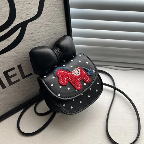 Kids Cute Polka Dot Bowknot Little Horse Embroidery Crossbody Bag PU Leather Mini Shoulder Bag For Girls