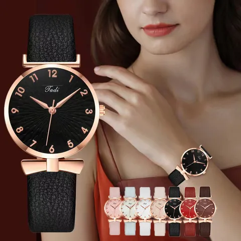Women's Fashion Quartz Watch Casual Leather Strap Round Dial Bowknot Design Elegant Wristwatch For Ladies Girls
