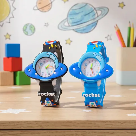 Kids 3D Stereo Rocket UFO Cartoon Quartz Watch Cute Silicone Strap Student Analog Wristwatch Children Gift Timepiece