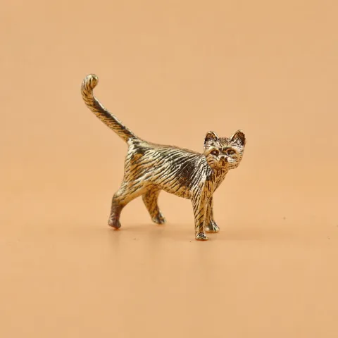 Vintage Brass Kitten Figurine Retro Bronze Long-Tailed Cat Tea Pet Desktop Copper Craft Ornament Gift