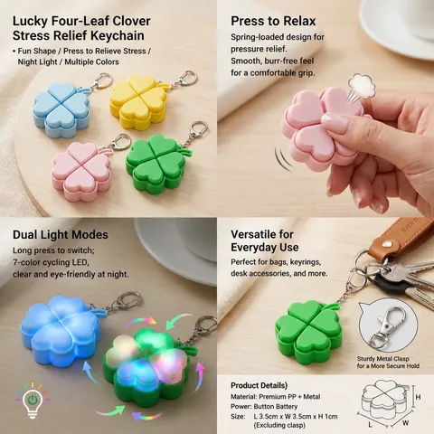 Kleeblatt Leuchtender Dekompressionsschlüsselanhänger LED Licht Stressabbau Fidget Toy Süßer Taschenanhänger Für Damen