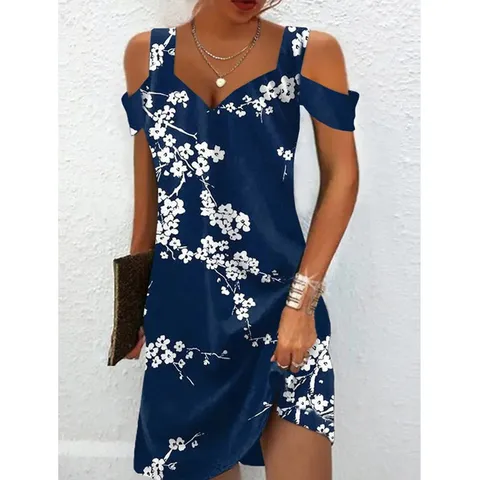 Women Casual V-Neck Off-Shoulder Short Sleeve Midi Dress Slim Fit Floral Printed Summer Dress Party Streetwear