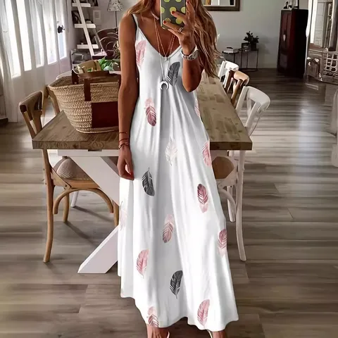 Women's Casual V-Neck Sleeveless Feather Print Slip Maxi Dress Summer Long Dress