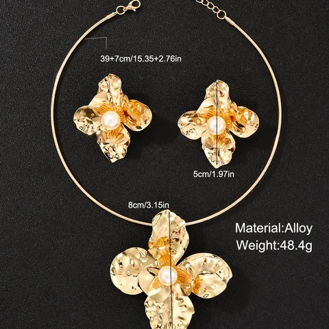 Vintage Σφυρήλατο Μεγάλο Λουλούδι Choker Κολιέ Δαχτυλίδι Set Τεχνητό Μαργαριτάρι Υπερβολικό Φορετό Σετ Γυναικών