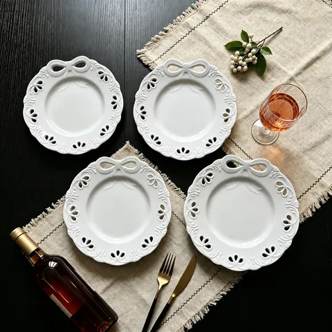 French Style White Ceramic Plate With Embossed Bow Hollow Lace Dessert Cake Dish For Home Breakfast Tableware