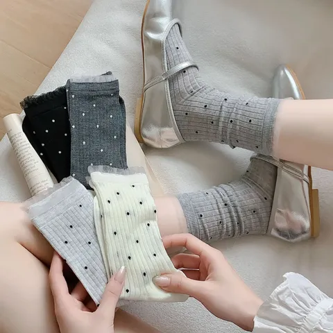 Women Cute Polka Dot Lace Trim Crew Socks Cotton Blend Breathable Spring Summer Casual Stacked Socks Fashion Hosiery