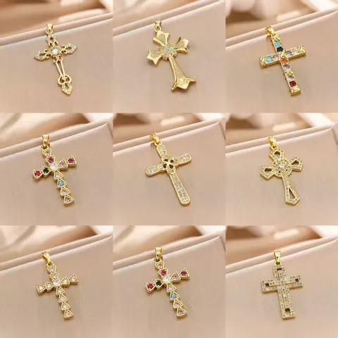 Fashion Copper Zirconia Cross Pendant Necklace Ins Style Vintage Cross Chain Jewelry Gift For Women Men