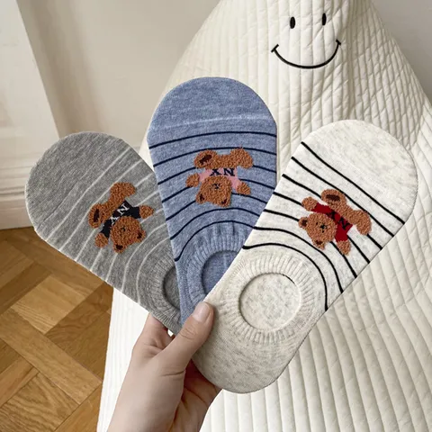 Women Casual Cartoon Flocked Bear Short Boat Socks Striped Cotton Invisible Low Cut Socks Daily Wear