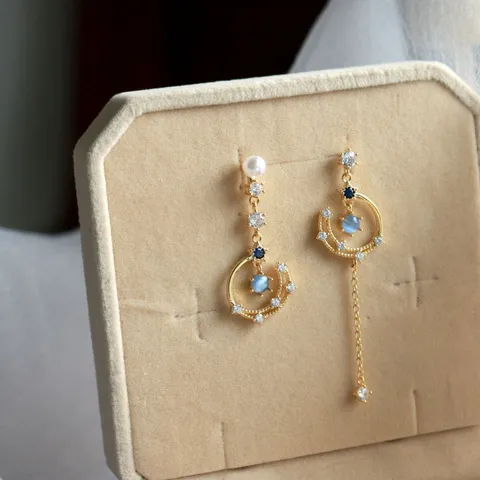 Pendientes Colgantes Asimétricos de Luna Circonia Aleación Perla Poste de Plata de Ley 925 Joyería de Moda Coreana para Mujeres