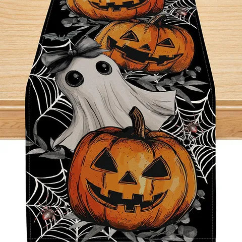 Runner da Tavola di Halloween Zucca Fantasma Pipistrello Ragnatela Stampato Tovaglia in Lino Copertura Tavolo da Pranzo Decorazioni per Feste