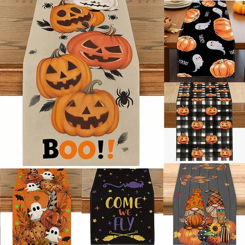 Runner da Tavola di Halloween Zucca Fantasma Pipistrello Ragnatela Stampato Tovaglia in Lino Copertura Tavolo da Pranzo Decorazioni per Feste