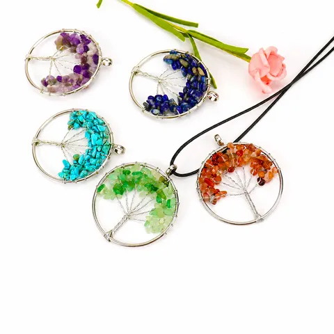 Handmade Wire Wrapped Natural Stone Crystal Tree Of Life Pendant Necklace Black Leather Cord Jewelry Gift For Women
