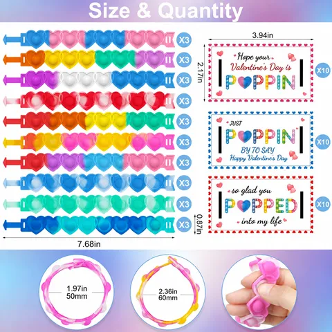 Juguete Fidget de Burbuja Push Pop de Corazón Pulsera de Silicona Pulsera Sensorial de Alivio del Estrés Con Tarjetas de San Valentín