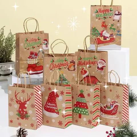 Sac Cadeau en Papier Kraft de Noël et d'Halloween Sac Cabas Orignal Père Noël et Elan Sac d'Emballage de Bonbons Fournitures de Fête