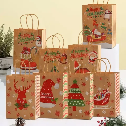 Sac Cadeau en Papier Kraft de Noël et d'Halloween Sac Cabas Orignal Père Noël et Elan Sac d'Emballage de Bonbons Fournitures de Fête