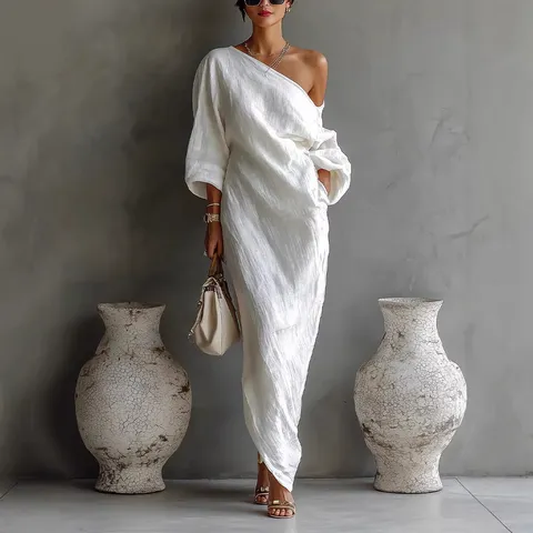 Damen Casual Baumwolle und Leinen Maxi Kleid Asymmetrischer Langarm Einfarbig Elegante Lose Lange Kleider