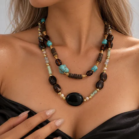 Collar de Cadena de Clavícula Multicapa de Cuentas Ovaladas Acrílicas de Estilo Étnico Vintage para Mujeres Regalo de Joyería de Moda