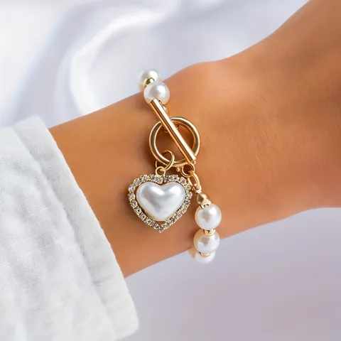 Pulsera de Perla Artificial de Moda Con Cierre OT Dorado Corazón Diamante de Imitación Encanto Estilo Dulce Aleación Joya de Muñeca Para Mujeres