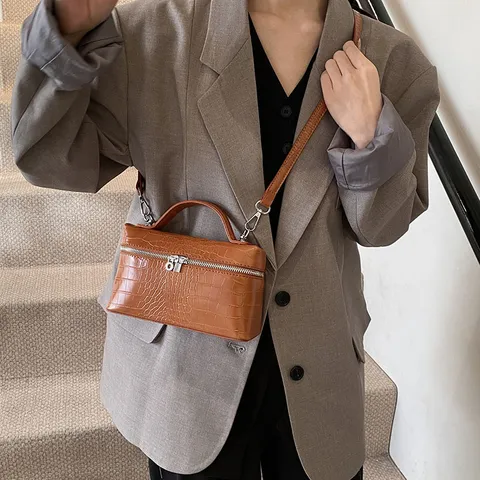 Women Fashion Crocodile Pattern PU Leather Handbag Casual Retro Top Handle Crossbody Shoulder Bag Square Box Bag