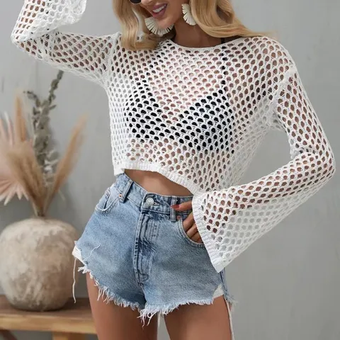Women's Casual Long Sleeve Hollow Out Knitted Cover Up Solid Color Crop Top Beach Summer Fashion Knitwear