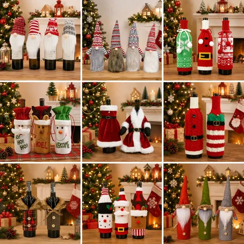 Christmas Wine Bottle Cover Knit Hat Scarf Plush Beard Bottle Decoration Santa Snowman Elk Festival Home Decor