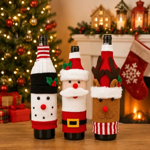Christmas Wine Bottle Cover Knit Hat Scarf Plush Beard Bottle Decoration Santa Snowman Elk Festival Home Decor