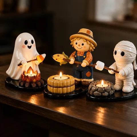 Halloween Campfire Tealight Holder Resin Scarecrow Ghost Mummy Figurine LED Candle Stand Fall Festival Home Table Decor Gift