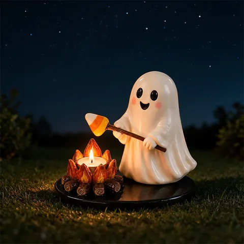 Halloween Campfire Tealight Holder Resin Scarecrow Ghost Mummy Figurine LED Candle Stand Fall Festival Home Table Decor Gift