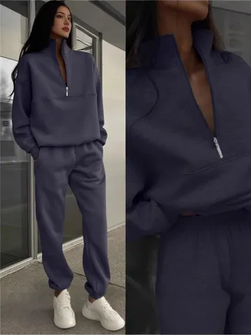 Damen Casual Einfarbig Langarm Halb Reißverschluss Sweatshirt Kordelzug Hose Oberteil Und Hose Eleganter Trainingsanzug