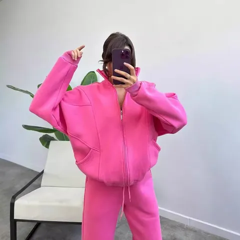 Women Casual Fleece Lined Zip Stand Collar Sweatshirt And Sweatpants Top And Bottom Solid Color Long Sleeve Tracksuit
