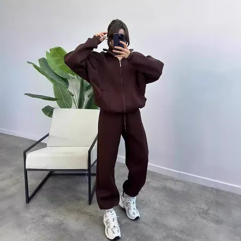 Women Casual Fleece Lined Zip Stand Collar Sweatshirt And Sweatpants Top And Bottom Solid Color Long Sleeve Tracksuit