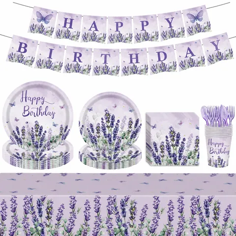Lavendel Schmetterling Party Geschirr Pappteller Becher Servietten Tischdecke Banner Geburtstag Partybedarf