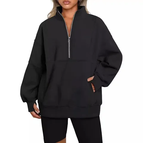 Women Sweatshirt Casual Half Zip Polo Collar Long Sleeve Fleece Lined Loose Patchwork Pullover Top For Daily Wear