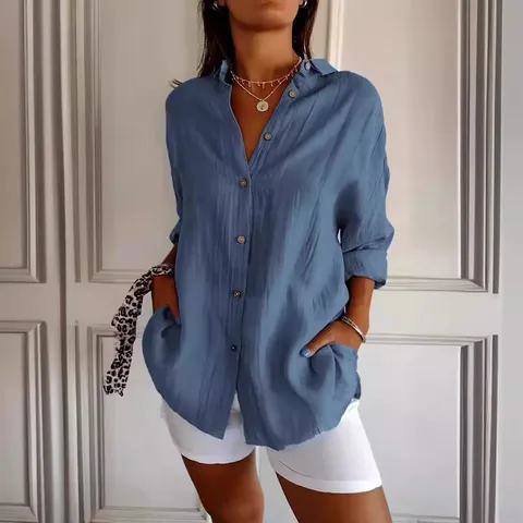 Women's Solid Color Long Sleeve Blouse Casual Lapel Single-Breasted Loose Button Polyester Shirt Top For Daily Commute