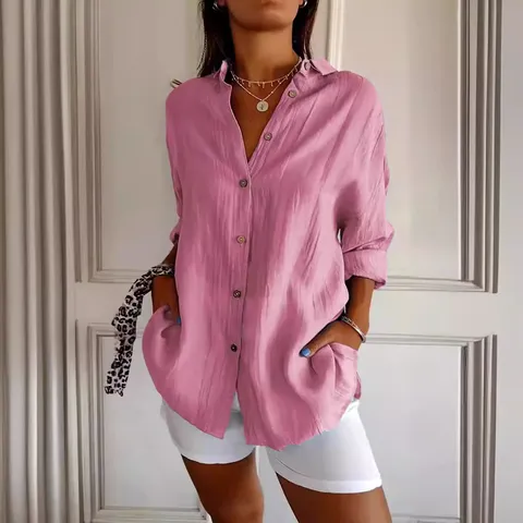 Women's Solid Color Long Sleeve Blouse Casual Lapel Single-Breasted Loose Button Polyester Shirt Top For Daily Commute