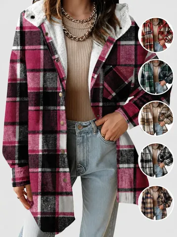 Donna Casual A Quadri Flanella Foderato in Pile Con Cappuccio Cappotto Inverno Caldo Manica Lunga Bottoni Giacca Oversize