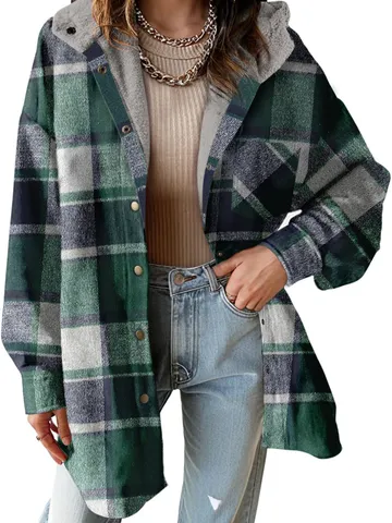 Donna Casual A Quadri Flanella Foderato in Pile Con Cappuccio Cappotto Inverno Caldo Manica Lunga Bottoni Giacca Oversize