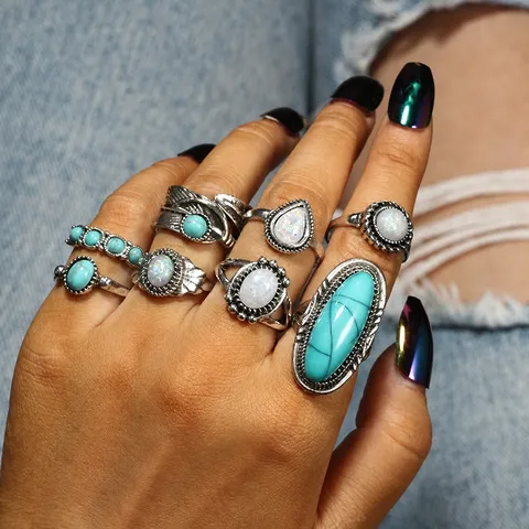 Vintage Turquoise Inlaid Carved Feather Ring Set Boho Silver Plated Alloy Rings For Women Fashion Jewelry