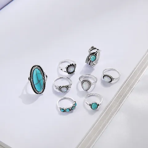 Vintage Turquoise Inlaid Carved Feather Ring Set Boho Silver Plated Alloy Rings For Women Fashion Jewelry