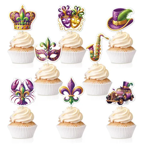 Carnival Mardi Gras Cupcake Toppers Mask Crown Saxophone Paper Cake Decorations Party Dessert Table Supplies