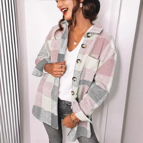 Damen Casual Kariert Hemd Jacke Langarm Einreihig Umlegekragen Tasche Oberbekleidung Herbst Winter Mode