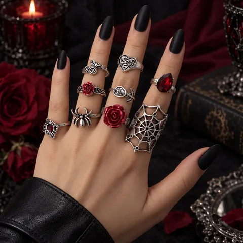 Gothic Vintage Alloy Ring Set For Women Punk Dark Hollow Spider Red Rose Finger Rings Adjustable Fashion Jewelry