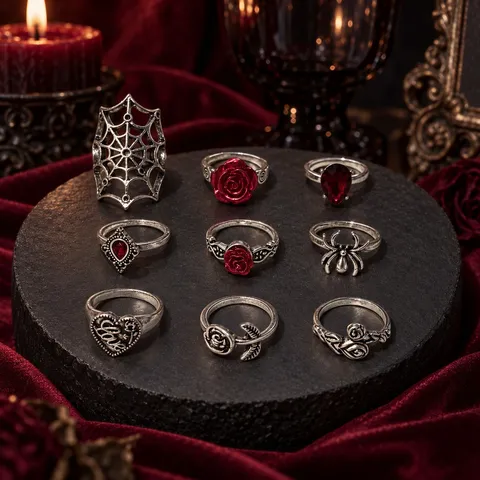 Gothic Vintage Alloy Ring Set For Women Punk Dark Hollow Spider Red Rose Finger Rings Adjustable Fashion Jewelry