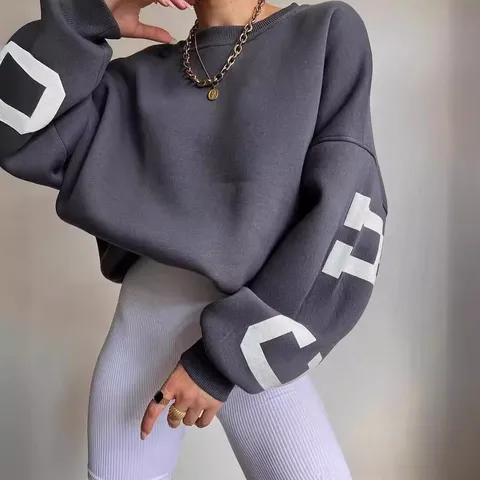Felpa Casual da Donna a Manica Lunga Girocollo Ispessita Vestibilità Larga con Stampa a Lettere Pullover Top in Pile