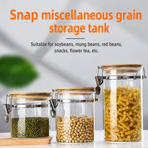 Glass Storage Jar Kitchen Food Container With Bamboo Lid Airtight Metal Buckle For Dried Fruit And Coffee Beans
